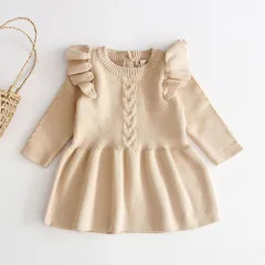 ☆ ベージュ ☆ 80cm ☆ ワンピース ベビー ニット シンプル ベビー ニットワンピース 女の子 ニット フリル ワンピース 子供服 キッズ ベビー服 ワンピ 長袖 ニットワンピ 可愛い かわいい オシャレ おしゃれ 春 秋 冬 冬服 秋服