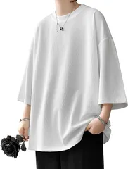 Fasshonrida Tシャツ メンズ 半袖 おしゃれ ふくれジャガード 無地 五分袖 ロングtシャツ( #111：白色,  2XL)