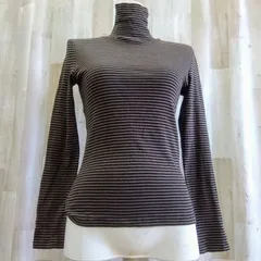 ☆ スリムに着こなせる！ タートルネック ボーダーカットソー M ブラウン×ブラック 綿100%
