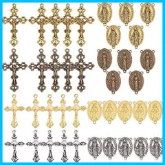 SUNNYCLUE　40個4色　チャーム　クロス　ペンダント　十字架　パーツ　ロザリオクロス　ピアス　ブレスレット　ロザリオ十字架　イヤリング　合金十字架　ネックレス　クロス　聖母　ロザリオセンター　コネクターパーツ　シャンデリア　ペンダント　メタルパーツ　チ