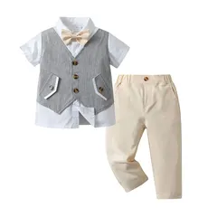 子供服 キッズ フォーマル スーツ 男の子 ベビー服 半袖シャツ（フェイクベスト）+ズボン 2点セット 夏 ブリティッシュスタイル タキシード風 卒園式 入園式 七五三 お宮参り 結婚式 入学式 90 100 110 120 130 140cm