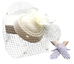 【ヘッドドレス＆手袋セット】 トーク帽 手袋 ブライダル 帽子 礼装 レース ウェディングハット チュール付き ロリータ