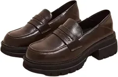 goodspoon コインローファー シンプル 厚底 快適 シューズ レディース カジュアル 学生 定番 オシャレ ミッドヒール ソフトクッション 太ヒール 走れる 美しい 綺麗 疲れない 靴 ウェッジ 痛くない(ブラウン,  23.0 cm)