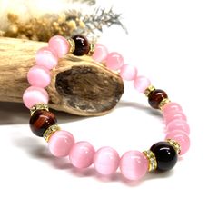 キャッツアイ(ピンク)×レッドタイガーアイ パワーストーン ブレスレット  (ゴールド) メンズ・レディース　男性・女性　数珠ブレス 開運 [23]