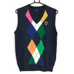 【美品】キャロウェイ ニットベスト ネイビー×マルチカラー アーガイル ウール混 メンズ L ゴルフウェア Callaway