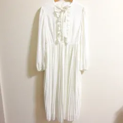 美品 22SS CELFORD セルフォード 長袖 ボウタイ刺繍プリーツワンピース サイズ38 ホワイト レディース 古着 中古 USED