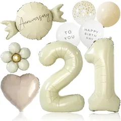 【新品】 deerzon くすみホワイト 21歳 くすみカラー 数字 バルーン 誕生日 飾り付け 10点 セット 大きい 65cm くすみ ニュアンスカラー ナンバーバルーン バースデー 1