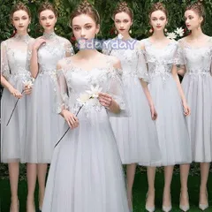 結婚式ワンピース 二次会 花嫁 ドレス ブライズメイドドレス ブライズメイド ドレス 結婚式 グレー ミモレ丈 ピアノ 発表会 フォーマルドレス パーティドレス