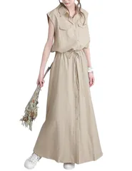 [Ｓｏｒｏｓｉｓ] レディース ワンピース 夏 ポケット付け Vネック ロング丈 Aライン ノースリーブ パーティードレス シャツワンピース 大きいサイズ シンプル きれいめ 着痩せ 体型カバー 二次会 お呼ばれ カジュアル お出かけ