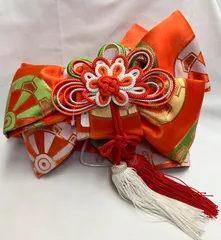 ≪花ラブリ≫TO626　作り帯　七五三　女の子　女児　Sサイズ　およそ3歳用　オレンジ　緑　グリーン　金　ゴールド　和装　和服　和柄　和風　源氏車　アンティーク風　レトロ　ヴィンテージ風