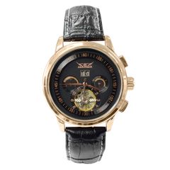 自動巻き腕時計 メンズ腕時計 マルチカレンダー トリプルカレンダー デイデイト 日付表示 レザーベルト 男性用 ゴールドブラック
