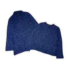 アンサンブル L'EQUIPE YOSHIE INABA レキップ ヨシエイナバ アンゴラ混 総柄 長袖 ニット カーディガン セーター M~L程度/ブルー系 レディース