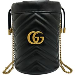 【GUCCI/グッチ】ミニバケット 575163  GGマーモント ショルダーバッグ レザー ブラック革/ゴールド金具 レディース 【中古】【真子質店】【BL】