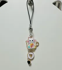 カップ猫A ケータイストラップ ♡（ハート黒、白）