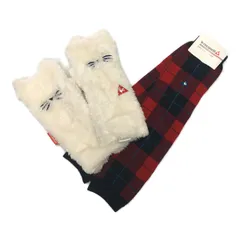 未使用品 レディース ルコックスポルティフ le coq sportif レッグウォーマー フリー レッド＆ホワイト 赤チェック＆白 レッグウォーマー＆猫型ミトン２点セット