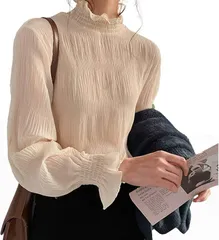 WEARBIE ウェアビー プチハイネック シースルー シフォンシャツ フリル 長袖 かわいい レディース シャツイン 清楚服 無地 透け感 薄手 レース 盛り袖 シアー ふんわり おしゃれ ギャザー ブラウス フェミニン(クリーム,  M)