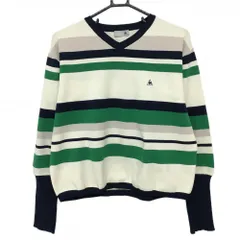 【超美品】ルコック セーター アイボリー×グリーン ランダムボーダー ニット Vネック レディース L ゴルフウェア le coq sportif