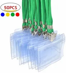 fiveAstar ID カード ホルダー ネックストラップ 名札 吊り下げ イベント スタッフ パス 名刺 社員証 ケース 入れ 首かけ 展示会 防水 セット 横型 タイプ 全4色 A008 グリーン 50枚(グリーン 50枚)