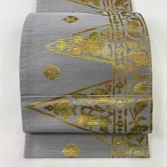 【美品】 袋帯 秀品 草花 幾何学 箔 刺繍 灰色 六通 正絹 【中古】