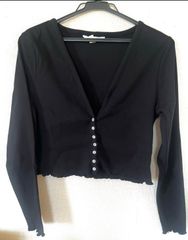 2025 Excellent Condition Ribbed Knit Black V-Neck Cardigan - Cropped Length - Lettuce Hem
