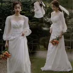 ウェディングドレス 二次会 花嫁 結婚式 Aライン 長袖 シンプル ウエディングドレス 安い 白 ブライダル 披露宴 発表会 前撮り お呼ばれ フ