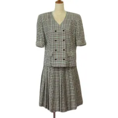 レリアン Leilian ヴィンテージ レトロ スーツ チェック ジャケット ノーカラー スカート プリーツ 9 黒 ブラック