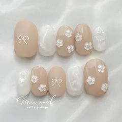 𓈒 𓏸 𓐍ぷっくりフラワーのうるうるネイル𓈒 𓏸 𓐍 　ネイルチップ　付け爪　ブライダル　成人式　ブライダルネイル　シンプル　白無垢　和装