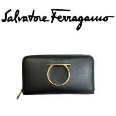 【中古美品】 Salvatore Ferragamo フェラガモ JL-22 D291 ガンチーニ レザー ラウンドファスナー ブラック　レディース　長財布