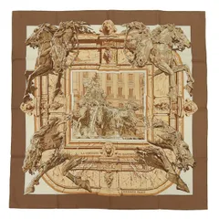 エルメス HERMES カレ90 LA FONTAINE DE BARTHOLDI バルトルディの泉 スカーフ シルク ベージュ×ブラウン レディース