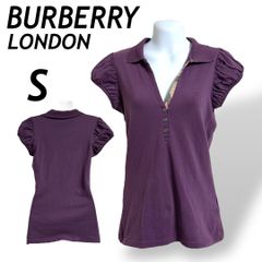 BURBERRY LONDON バーバリーロンドン レディース 半袖カットソー S ポロシャツ フレンチパフ チェック 刺繍ロゴ パープル系 (F06)★