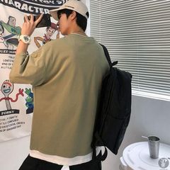 重ね着風 ビッグシルエット シャツ メンズ レイヤード風 ドロップショルダー 半袖 トップス クルーネック 夏? min#