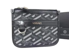 ■新品同様■ VERSACE ヴェルサーチ ラ グレカ シグネチャー PVC×レザー ポーチ マルチケース 小物入れ メンズ ブラック系 FH4795のサムネイル
