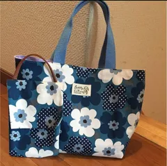 トートバッグ&携帯ポーチ　花柄✿ブルー