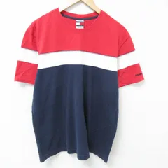 XL/古着 トミーヒルフィガー トミージーンズ 半袖 ブランド Tシャツ メンズ 90s マルチカラー コットン クルーネック 赤他 レッド 25may15 