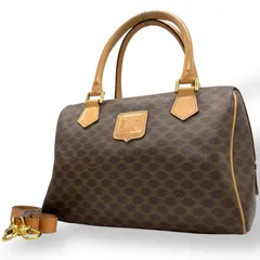 美品 CELINE セリーヌ マカダム柄 2WAY ハンドバッグ ミニボストンバッグ ショルダーバッグ PVC レザー 本革 茶 ダークブラウン ゴールド金具 ファスナー開閉 斜め掛け可 レディース トリオンフ D