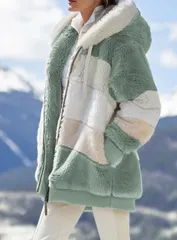 【グリーン】ファーコート ジャケット フェイクファー アウター フード付き レディース  秋冬 ボーダー フーディー もこもこ 暖かい おしゃれ 大人カジュアル コーデ 防寒 ゆったり