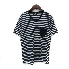 ハレ HARE Tシャツ カットソー Vネック ボーダー 半袖 M 黒 ブラック 白 ホワイト /YI