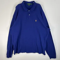 古着 ローレンラルフローレン LaurenRalphLauren 鹿の子 長袖 ポロシャツ ロゴ 刺繍 大きいサイズ 2ボタン XXL  ブルー 無地 メンズ