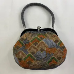 和装バッグ 秀品 ビーズバッグ フォーマル 幾何学 青灰色 ビーズ 和装小物  【中古】