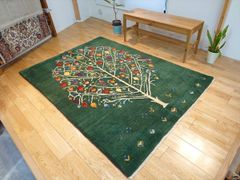 ペルシャ　ギャッベ　リビング　ラグ　200x150cm　ザクロの木　緑色　RJ12756
