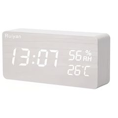 卓上 おしゃれ 温度湿度計 木目調 音声感知 置き時計 節電 デジタル usb給電 大音量 プレゼント 目覚まし時計 ホワイト