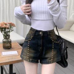 ショートパンツ デニムパンツ ミニ丈 ボトムス スタッズ Y2K レディース 韓国ファッション ストリート ビンテージ クール系 ハイウエスト 夏