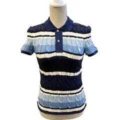 ポロ ラルフローレン POLO RALPH LAUREN タグ付き スリムフィット ケーブルニット ポロシャツ ボーダー ワンポイント ロゴ 薄手 Sサイズ 紺 ネイビー ☆AA★