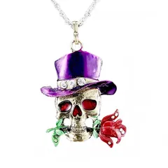 ドクロ ハット バラ ネックレス パープル 髑髏 骨 頭蓋骨 帽子 花 フラワー 大きめ ゴツイ 骸骨 ギフト お揃い ペア 贈り物 贈りもの 新品