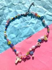 flower beads cross necklace