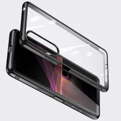 【新着商品】ストラップホール付き メッキ加工 黒縁 背面クリア 透明 薄型 tpu ソフト 超軽量 耐衝撃 カバー ケース ケース 1III エスクペリア スマホケース (紫砂ブラック) SOG03 SO-51B クリア III 1 Xperia
