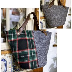 セール ★ 新品　COOCO　SMILEY　トートバッグ　グレー系　チェック　ウール　刺繍ニコちゃん