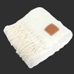 美品 LOEWE ロエベ モヘヤ×ウール アナグラムロゴパッチ フリンジ マフラー アイボリー メンズ レディース 古着 中古 USED