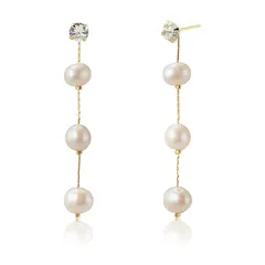 【新品】 [ジュエリーショップエム] 日本製 バロックパール 淡水真珠 CZダイヤモンド ステーション スタッド ピアス レディース 金属アレルギー対応 ゴールド 5mmCZ 6mm 3粒 1