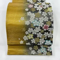 袋帯 秀品 桜 波 刺繍 金糸 山吹茶色 六通 正絹 【中古】